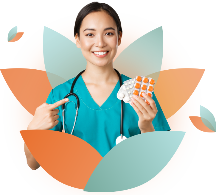 a young women in scrubs points to a medication while smiling